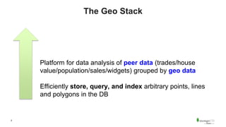 8
The Geo Stack
Platform for data analysis of peer data (trades/house
value/population/sales/widgets) grouped by geo data
Efficiently store, query, and index arbitrary points, lines
and polygons in the DB
 