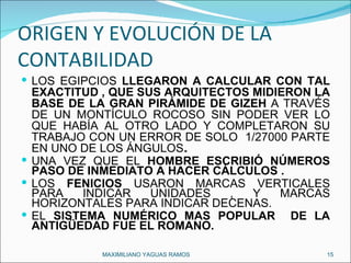 ORIGEN Y EVOLUCIÓN DE LA CONTABILIDAD  LOS EGIPCIOS  LLEGARON A CALCULAR CON TAL EXACTITUD , QUE SUS ARQUITECTOS MIDIERON LA BASE DE LA GRAN PIRÁMIDE DE GIZEH  A TRAVÉS DE UN MONTÍCULO ROCOSO SIN PODER VER LO QUE HABÍA AL OTRO LADO Y COMPLETARON SU TRABAJO CON UN ERROR DE SOLO  1/27000 PARTE EN UNO DE LOS ÁNGULOS . UNA VEZ QUE EL  HOMBRE ESCRIBIÓ NÚMEROS PASO DE INMEDIATO A HACER CÁLCULOS . LOS  FENICIOS  USARON MARCAS VERTICALES PARA INDICAR UNIDADES , Y MARCAS HORIZONTALES PARA INDICAR DECENAS.  EL  SISTEMA NUMÉRICO MAS POPULAR  DE LA ANTIGÜEDAD FUE EL ROMANO. MAXIMILIANO YAGUAS RAMOS  