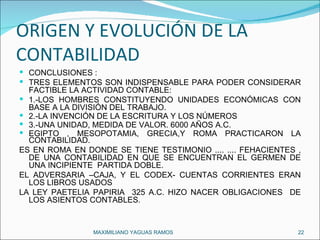 ORIGEN Y EVOLUCIÓN DE LA CONTABILIDAD CONCLUSIONES : TRES ELEMENTOS SON INDISPENSABLE PARA PODER CONSIDERAR FACTIBLE LA ACTIVIDAD CONTABLE: 1.-LOS HOMBRES CONSTITUYENDO UNIDADES ECONÓMICAS CON BASE A LA DIVISIÓN DEL TRABAJO. 2.-LA INVENCIÓN DE LA ESCRITURA Y LOS NÚMEROS  3.-UNA UNIDAD, MEDIDA DE VALOR. 6000 AÑOS A.C. EGIPTO , MESOPOTAMIA, GRECIA,Y ROMA PRACTICARON LA CONTABILIDAD. ES EN ROMA EN DONDE SE TIENE TESTIMONIO .... .... FEHACIENTES , DE UNA CONTABILIDAD EN QUE SE ENCUENTRAN EL GERMEN DE UNA INCIPIENTE  PARTIDA DOBLE. EL ADVERSARIA –CAJA, Y EL CODEX- CUENTAS CORRIENTES ERAN LOS LIBROS USADOS  LA LEY PAETELIA PAPIRIA  325 A.C. HIZO NACER OBLIGACIONES  DE LOS ASIENTOS CONTABLES. MAXIMILIANO YAGUAS RAMOS  