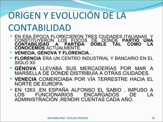 ORIGEN Y EVOLUCIÓN DE LA CONTABILIDAD EN ESA ÉPOCA FLORECIERON TRES CIUDADES ITALIANAS  Y CONSTITUYERON LOS FOCOS DE DONDE  PARTIÓ UNA CONTABILIDAD A PARTIDA DOBLE TAL COMO LA CONOCEMOS  ACTUALMENTE. VENECIA, GÉNOVA Y FLORENCIA . FLORENCIA  ERA UN CENTRO INDUSTRIAL Y BANCARIO EN EL SIGLO XII  GÉNOVA  LLEVABA SUS MERCADERÍAS POR MAR A MARSELLA DE DONDE DISTRIBUÍA A OTRAS CIUDADES. VENECIA  COMERCIABA POR VÍA TERRESTRE HACIA EL NORTE DE EUROPA  EN 1263 ,EN ESPAÑA ALFONSO EL SABIO , IMPUSO A LOS FUNCIONARIOS ENCARGADOS DE LA ADMINISTRACIÓN ,RENDIR CUENTAS CADA AÑO. MAXIMILIANO YAGUAS RAMOS  