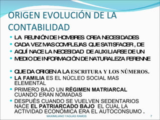 ORIGEN EVOLUCIÓN DE LA CONTABILIDAD  LA  REUNIÓN DE HOMBRES  CREA NECESIDADES  CADA VEZ MAS COMPLEJAS  QUE SATISFACER , DE  AQUÍ NACE LA NECESIDAD  DE AUXILIARSE DE UN  MEDIO DE INFORMACIÓN DE NATURALEZA PERENNE  QUE DA ORIGEN A LA  ESCRITURA Y LOS NÚMEROS . LA FAMILIA  ES EL NÚCLEO SOCIAL MAS ELEMENTAL  PRIMERO BAJO UN  RÉGIMEN MATRIARCAL  CUANDO ERAN NÓMADAS  DESPUÉS CUANDO SE VUELVEN SEDENTARIOS NACE  EL PATRIARCADO BAJO  EL CUAL LA ACTIVIDAD ECONÓMICA ERA EL AUTOCONSUMO  . MAXIMILIANO YAGUAS RAMOS  