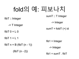 fold의 예: 피보나치
fibT :: Integer
-> T Integer
fibT 0 = L 0
fibT 1 = L 1
fibT n = B (fibT (n - 1))
(fibT (n - 2))
sumT :: T Integer
-> Integer
sumT = foldT (+) id
fib1 = Integer
-> Integer
fib1 = sumT . fibT
 