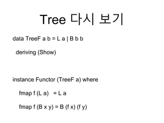Tree 다시 보기
data TreeF a b = L a | B b b
deriving (Show)
instance Functor (TreeF a) where
fmap f (L a) = L a
fmap f (B x y) = B (f x) (f y)
 