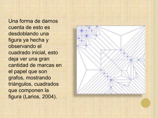 Una forma de darnos
cuenta de esto es
desdoblando una
figura ya hecha y
observando el
cuadrado inicial, esto
deja ver una gran
cantidad de marcas en
el papel que son
grafos, mostrando
triángulos, cuadrados
que componen la
figura (Larios, 2004).
 