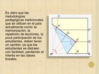 Es claro que las
metodologías
pedagógicas tradicionales
que se utilizan en el país
actualmente como: la
memorización, la
repetición de lecciones, la
poca participación de los
estudiantes, deben tener
un cambio; ya que los
estudiantes se distraen
con facilidad, perdiendo el
interés en las clases
lineales.
 