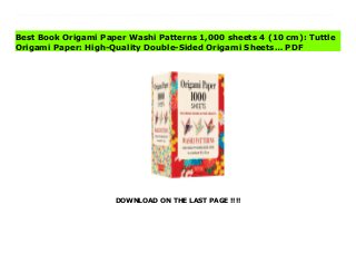 DOWNLOAD ON THE LAST PAGE !!!!
Download Here https://ebooklibrary.solutionsforyou.space/?book=0804854432 This paper pack contains 1,000 high-quality, small 4-inch origami sheets printed with colorful Japanese washi designs.These origami papers were developed to enhance the creative work of origami artists and paper crafters. The pack contains 12 unique designs printed with coordinating colors on the reverse to provide aesthetically pleasing combinations in origami models that show both the front and back.This paper pack is ideal for anyone setting out to fold 1,000 paper cranes, and these small sheets also work well for modular origami models.This origami paper pack includes: 1,000 sheets of high-quality origami paper12 unique designs4 x 4 inch (10 cm) squaresInstructions for folding and stringing paper cranesDouble-sided color (design on one side and coordinating solid color on the reverse)An ancient Japanese legend says that anyone who folds 1,000 paper cranes will be granted a wish, while others claim a strand of them promises happiness and eternal luck. Cranes are a symbol of peace, which was made famous for many through the story of Sadako Sasaki. In books like Sadako and the Thousand Paper Cranes and The Complete Story of Sadako Sasaki and the Thousand Paper Cranes, young readers learn about her effort to fold 1,000 cranes to aid her recovery from leukemia--brought on by the atomic bombs in Hiroshima when she was just a girl.With this paper pack, folders of all experience levels will be able to create their own strands of 1,000 paper cranes. Download Online PDF Origami Paper Washi Patterns 1,000 sheets 4 (10 cm): Tuttle Origami Paper: High-Quality Double-Sided Origami Sheets… Read PDF Origami Paper Washi Patterns 1,000 sheets 4 (10 cm): Tuttle Origami Paper: High-Quality Double-Sided Origami Sheets… Read Full PDF Origami Paper Washi Patterns 1,000 sheets 4 (10 cm): Tuttle Origami Paper: High-Quality Double-Sided Origami Sheets…
Best Book Origami Paper Washi Patterns 1,000 sheets 4 (10 cm): Tuttle
Origami Paper: High-Quality Double-Sided Origami Sheets… PDF
 