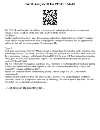 SWOT Analysis Of The PESTLE Model
The PESTLE model applies the political economic social technological legal and environmental
climate to assess the effect on the goals and objectives of the practice.
(See Figure 1)
Kurt Lewins force field theory adds demographics and cultural effects to this mix. A SWOT analysis
can be applied in conjunction with these to highlight the strengths weaknesses and the opportunities
and threats that will impact the practice (See Appendix III)
Figure 1
Workforce Management Tools (WFM) are utilised to allocate tasks to individual skills, with time lines
and other parameters. This aims to maximise efficiency and quality of service offered. OFP ensure that
the organisational (National Health Service England NHSE), the team (GP Practice) and the individual
(staff) goals are clear, well managed and aligned. This should maximise efficiency and quality of
service (Valls et al 2009).
The cost of labour (workforce) is a significant cost. The impact if workforce relevant skills are lacking
is an increase in cost and time taken to perform tasks and a decrease in productivity (Capece and
Costa 2009) (Capece and Bazzica 2013).
Reduce cost of labour without compromising quality (Van der Bergh et al 2013) pursue both
simultaneously.
There is distinction between front line and back office activity. Front office (reception staff) have
continuous interaction with patients supported by technology (the clinical system Systmone), the back
office staff rely on standardised procedures and
... Get more on HelpWriting.net ...
 