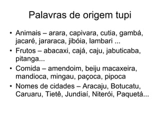 Palavras de origem tupi Animais – arara, capivara, cutia, gambá, jacaré, jararaca, jibóia, lambari ... Frutos – abacaxi, cajá, caju, jabuticaba, pitanga... Comida – amendoim, beiju macaxeira, mandioca, mingau, paçoca, pipoca Nomes de cidades – Aracaju, Botucatu, Caruaru, Tietê, Jundiaí, Niterói, Paquetá... 