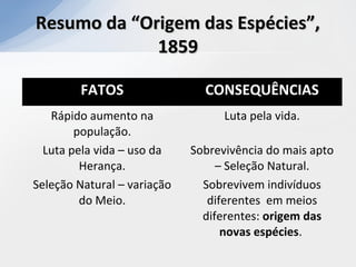 Resumo da “Origem das Espécies”,Resumo da “Origem das Espécies”,
18591859
FATOS CONSEQUÊNCIAS
Rápido aumento na
população.
Luta pela vida.
Luta pela vida – uso da
Herança.
Sobrevivência do mais apto
– Seleção Natural.
Seleção Natural – variação
do Meio.
Sobrevivem indivíduos
diferentes em meios
diferentes: origem das
novas espécies.
 