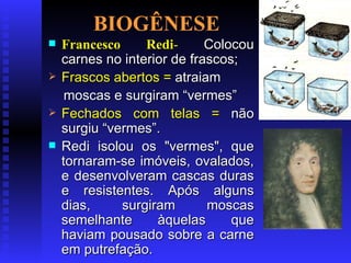 BIOGÊNESE Francesco Redi -  Colocou carnes no interior de frascos;  Frascos abertos =  atraiam  moscas e surgiram “vermes” Fechados com telas =  não surgiu “vermes”.  Redi isolou os "vermes", que tornaram-se imóveis, ovalados, e desenvolveram cascas duras e resistentes. Após alguns dias, surgiram moscas semelhante àquelas que haviam pousado sobre a carne em putrefação. 
