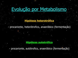 Evolução por Metabolismo Hipótese heterotrófica - procarionte, heterótrofico, anaeróbico (fermentação) Hipótese autotrófica - procarionte, autótrofico, anaeróbico (fermentação) 