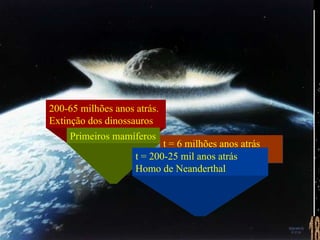 200-65 milhões anos atrás. Extinção dos dinossauros  t = 6 milhões anos atrás Surgem os Hominídeos  Primeiros mamíferos  t = 200-25 mil anos atrás  Homo de Neanderthal  18 