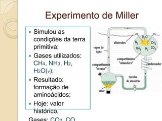 Experimento de Miller
 Simulou as
  condições da terra
  primitiva;
 Gases utilizados:
  CH4, NH3, H2,
  H2O(v);
 Resultado:
  formação de
  aminoácidos;
 Hoje: valor
  histórico,
 