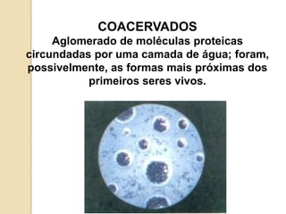 COACERVADOS
     Aglomerado de moléculas proteicas
circundadas por uma camada de água; foram,
possivelmente, as formas mais próximas dos
           primeiros seres vivos.

                    .
 