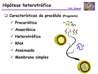 Hipótese heterotrófica
                                     Prof. Emanuel



 Características da procélula   (Progenoto)

    Procariótica
    Anaeróbica
    Heterotrófica
    RNA
    Assexuada
    Membrana simples
 