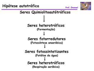Hipótese autotrófica                       Prof. Emanuel

         Seres Quimiolitoautótróficos


             Seres heterotróficos
                   (Fermentação)


             Seres fotorredutores
               (Fotossíntese anaeróbica)


            Seres fotossintetizantes
                  (Fotólise da água)

             Seres heterotróficos
                (Respiração aeróbica)
 