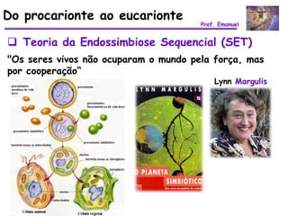 Do procarionte ao eucarionte
                                       Prof. Emanuel


 Teoria da Endossimbiose Sequencial (SET)
"Os seres vivos não ocuparam o mundo pela força, mas
por cooperação“
                                           Lynn Margulis
 