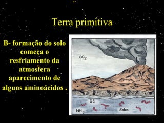 Terra primitiva
B- formação do solo
começa o
resfriamento da
atmosfera
aparecimento de
alguns aminoácidos .
 