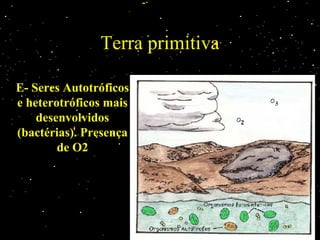 Terra primitiva
E- Seres Autotróficos
e heterotróficos mais
desenvolvidos
(bactérias). Presença
de O2
 