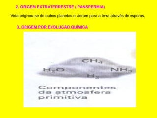 2. ORIGEM EXTRATERRESTRE ( PANSPERMIA)
Vida originou-se de outros planetas e vieram para a terra através de esporos.
3. ORIGEM POR EVOLUÇÃO QUÍMICA
 