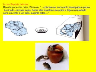b) Jan Baptista helmont:
Receita para criar ratos. Dizia ele: “....colocam-se, num canto sossegado e pouco
iluminado, camisas sujas. Sobre elas espalham-se grãos e trigo e o resultado
será, em vinte e um dias, surgirão ratos....”
 