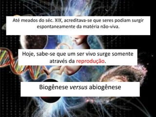 Até meados do séc. XIX, acreditava-se que seres podiam surgir
espontaneamente da matéria não-viva.
Hoje, sabe-se que um ser vivo surge somente
através da reprodução.
Biogênese versus abiogênese
 