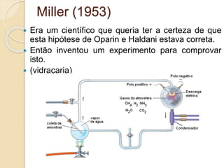 Miller (1953)
 Era um científico que queria ter a certeza de que
esta hipótese de Oparin e Haldani estava correta.
 Então inventou um experimento para comprovar
isto.
 (vidraçaria)
 
