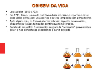 • Louis Joblot (1645-1723).
• Em 1711, ferveu um caldo nutritivo à base de carne e repartiu-o entre
duas séries de frascos: uns abertos e outros tampados com pergaminho.
• Após alguns dias, os frascos abertos estavam repletos de micróbios,
enquanto os frascos tampados continuavam inalterados.
• Conclusão de Joblot: Os micróbios surgiam de “sementes” provenientes
do ar, e não por geração espontânea a partir do caldo
ORIGEM DA VIDAORIGEM DA VIDA
 