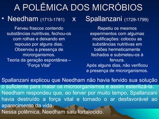 A POLÊMICA DOS MICRÓBIOS
• Needham (1713-1781)                 x   Spallanzani (1729-1799)
      Ferveu frascos contendo                   Repetiu os mesmos
  substâncias nutritivas, fechou-os         experimentos com algumas
     com rolhas e deixando em                modificações: colocou as
      repouso por alguns dias.               substâncias nutritivas em
      Observou a presença de                  balões hermeticamente
          microrganismos.                   fechados e submeteu-os à
  Teoria da geração espontânea –                      fervura.
            “Força Vital”                 Após alguns dias, não verificou
                                          a presença de microrganismos.

Spallanzani explicou que Needham não havia fervido sua solução
o suficiente para matar os microorganismos e assim esterilizá-la.
Needham respondeu que, ao ferver por muito tempo, Spallanzani
havia destruído a força vital e tornado o ar desfavorável ao
aparecimento da vida.
Nessa polêmica, Needham saiu fortalecido.
 