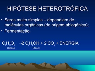 HIPÓTESE HETEROTRÓFICA
• Seres muito simples – dependiam de
  moléculas orgânicas (de origem abiogênica);
• Fermentação.

C6H12O6      2 C2H5OH + 2 CO2 + ENERGIA
   Glicose        Etanol
 