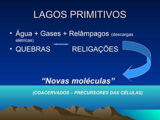 LAGOS PRIMITIVOS
• Água + Gases + Relâmpagos          (descargas
 elétricas)

• QUEBRAS              RELIGAÇÕES



              “Novas moléculas”
          (COACERVADOS – PRECURSORES DAS CÉLULAS)
 