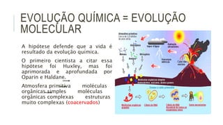 EVOLUÇÃO QUÍMICA = EVOLUÇÃO
MOLECULAR
A hipótese defende que a vida é
resultado da evolução química.
O primeiro cientista a citar essa
hipótese foi Huxley, mas foi
aprimorada e aprofundada por
Oparin e Haldane.
Atmosfera primitiva moléculas
orgânicas simples moléculas
orgânicas complexas estruturas
muito complexas (coacervados)
 