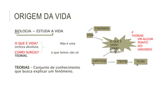 ORIGEM DA VIDA
BIOLOGIA = ESTUDA A VIDA
O QUE É VIDA? Não é uma
certeza absoluta,
COMO SURGIU? o que temos são só
TEORIAS.
TEORIAS – Conjunto de conhecimento
que busca explicar um fenômeno.
VIDA
O QUE É
VIDA?
COMO
SURGIU?
HIPÓTESE
S
FENÔMEN
O
TESTES TEORI
A
#
TEORIAS
EM ALGUM
PONTO
DO
UNIVERSO
 