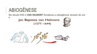 ABIOGÊNESE
No século XVII o VAN HELMONT fortaleceu a abiogênese através de um
experimento:
 