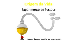 Fervura do caldo nutritivo por longo tempo
Origem da Vida
Experimento de Pasteur
 