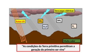 Hipótese de Oparin-Haldane
NH3
H2
H2O
CH4
Descargas elétricas
Muito calor
“As condições da Terra primitiva permitiram a
geração do primeiro ser vivo”
Raios UV
 