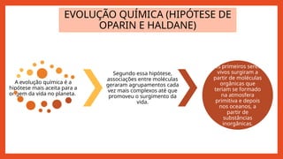 EVOLUÇÃO QUÍMICA (HIPÓTESE DE
OPARIN E HALDANE)
A evolução química é a
hipótese mais aceita para a
origem da vida no planeta.
Segundo essa hipótese,
associações entre moléculas
geraram agrupamentos cada
vez mais complexos até que
promoveu o surgimento da
vida.
os primeiros seres
vivos surgiram a
partir de moléculas
orgânicas que
teriam se formado
na atmosfera
primitiva e depois
nos oceanos, a
partir de
substâncias
inorgânicas.
 