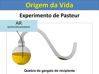 Experimento de Pasteur
Quebra do gargalo do recipiente
Origem da Vida
AR
MICROORGANISMOS
 