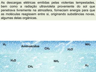 As descargas elétricas emitidas pelas violentas tempestades,
bem como a radiação ultravioleta proveniente do sol que
penetrava livremente na atmosfera, forneciam energia para que
as moléculas reagissem entre si, originando substâncias novas,
algumas delas orgânicas.
 
