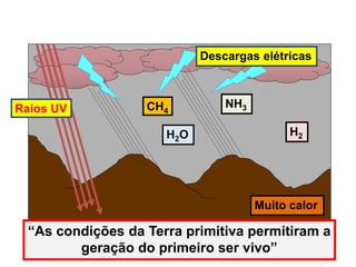 Hipótese de Oparin-Haldane
NH3
H2
H2O
CH4
Descargas elétricas
Muito calor
“As condições da Terra primitiva permitiram a
geração do primeiro ser vivo”
Raios UV
 