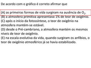 De acordo com o gráfico é correto afirmar que
(A) as primeiras formas de vida surgiram na ausência de O2.
(B) a atmosfera primitiva apresentava 1% de teor de oxigênio.
(C) após o início da fotossíntese, o teor de oxigênio na
atmosfera mantém-se estável.
(D) desde o Pré-cambriano, a atmosfera mantém os mesmos
níveis de teor de oxigênio.
(E) na escala evolutiva da vida, quando surgiram os anfíbios, o
teor de oxigênio atmosférico já se havia estabilizado.
 