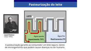 Pasteurização do leite
A pasteurização garante ao consumidor um leite seguro, isento
de microrganismos que podem causar doenças no ser humano.
Louis Pasteur
(1822-1895)
LEITE
Aquecimento 75ºC Resfriamento 2ºC
Água quente Água fria
 