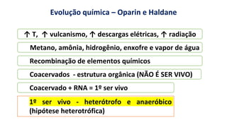 https://images.app.goo.gl/2oGphY3jkhW5dwqY9
Evolução química – Oparin e Haldane
↑ T, ↑ vulcanismo, ↑ descargas elétricas, ↑ radiação
Metano, amônia, hidrogênio, enxofre e vapor de água
Recombinação de elementos químicos
Coacervados - estrutura orgânica (NÃO É SER VIVO)
Coacervado + RNA = 1º ser vivo
1º ser vivo - heterótrofo e anaeróbico
(hipótese heterotrófica)
 