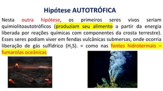 Nesta outra hipótese, os primeiros seres vivos seriam
quimiolitoautotróficos (produziam seu alimento a partir da energia
liberada por reações químicas com componentes da crosta terrestre).
Esses seres podiam viver em fendas vulcânicas submersas, onde ocorria
liberação de gás sulfídrico (H2S). = como nas fontes hidrotermais –
fumarolas oceânicas
Hipótese AUTOTRÓFICA
 