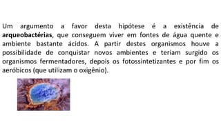 Um argumento a favor desta hipótese é a existência de
arqueobactérias, que conseguem viver em fontes de água quente e
ambiente bastante ácidos. A partir destes organismos houve a
possibilidade de conquistar novos ambientes e teriam surgido os
organismos fermentadores, depois os fotossintetizantes e por fim os
aeróbicos (que utilizam o oxigênio).
 