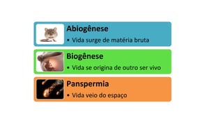 Abiogênese
• Vida surge de matéria bruta
Biogênese
• Vida se origina de outro ser vivo
Panspermia
• Vida veio do espaço
 