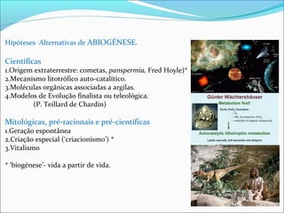Hipóteses Alternativas de ABIOGÉNESE. 
Científicas 
1.Origem extraterrestre: cometas, panspermia, Fred Hoyle)* 
2.Mecanismo litotrófico auto-catalítico. 
3.Moléculas orgânicas associadas a argilas. 
4.Modelos de Evolução finalista ou teleológica. 
(P. Teillard de Chardin) 
Mitológicas, pré-racionais e pré-científicas 
1.Geração espontânea 
2.Criação especial (‘criacionismo’) * 
3.Vitalismo 
* ‘biogénese’- vida a partir de vida. 
 