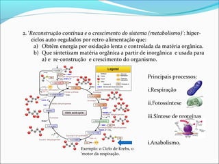 2. ‘Reconstrução contínua e o crescimento do sistema (metabolismo)’: hiper-ciclos 
auto-regulados por retro-alimentação que: 
a) Obtêm energia por oxidação lenta e controlada da matéria orgânica. 
b) Que sintetizam matéria orgânica a partir de inorgânica e usada para 
a) e re-construção e crescimento do organismo. 
Principais processos: 
i.Respiração 
ii.Fotossíntese 
iii.Síntese de proteínas 
i.Anabolismo. 
Exemplo: o Ciclo de Krebs, o 
‘motor da respiração. 
 