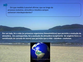 Em que medida é possível afirmar, que ao longo do
      processo evolutivo, atmosfera e biosfera sempre
      estiveram interdependentes?




Por um lado, foi a vida (os primeiros organismos fotossintéticos) que permitiu a evolução da
atmosfera. Em contrapartida, foi a evolução da atmosfera (surgimento de oxigênio livre e a
constituição da camada de ozono) que permitiu que a vida – biosfera – evoluísse.




                                   Professora Ionara Urrutia Moura                    12
 
