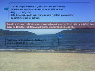 Sabe-se que o Ozonio (O3) constitui uma das camadas
    da atmosfera atual que é essencial para a vida na Terra.
    4 O2       2 O3 + O2,
    Esta dissociação pode sustentar uma uma hipótese para explicar
    o aparecimento desta camada.

Quando a atmosfera atingiu uma concentração suficientemente elevada de oxigênio livre
(cerca de 10% da atual), foi possível formar-se a camada de ozono (O3).




Qual a importância da camada do ozono
para a evolução da biosfera?




                              Professora Ionara Urrutia Moura                 21
 